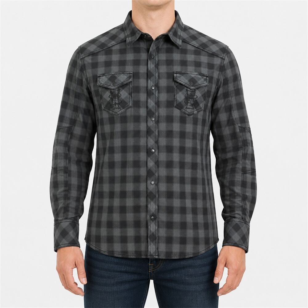 Buckle Black Shirt Men XL Black Gray Plaid Pockets Long Sleeve Athletic Fit Snap